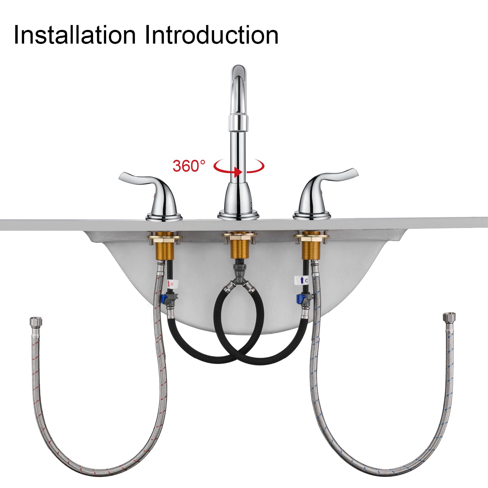 RKF RKF03011 - Grifos de baño para fregadero de 3 agujeros cromados pulidos de 8 pulgadas con desagüe de doble palanca, grifo mezclador de lavabo con manguera y cubierta