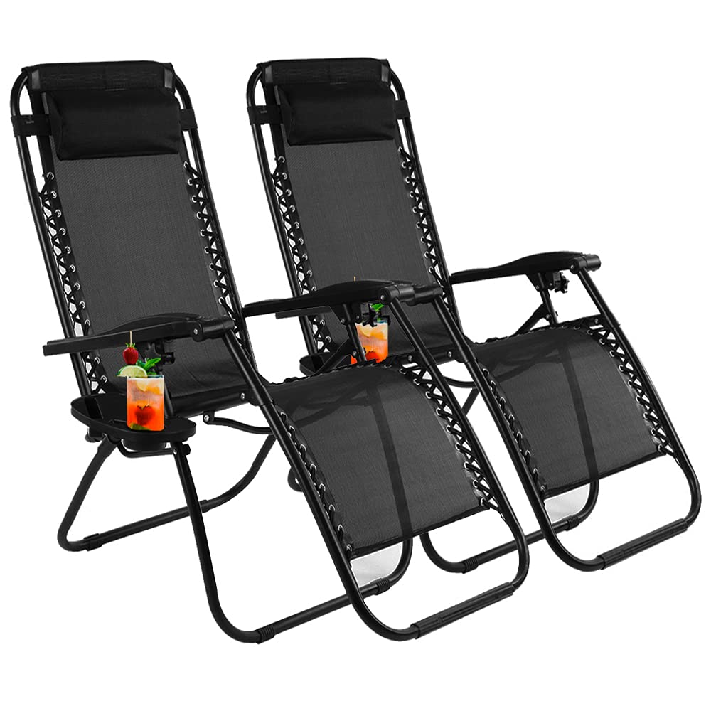 VIROSA Set of 2 Black | Zero gravity chair | Reclining & Folding Outdoor Garden Loungers | Made with Heavy Duty Textoline | Folding Chair with Cup Holder and Headrest Pillow (Black)