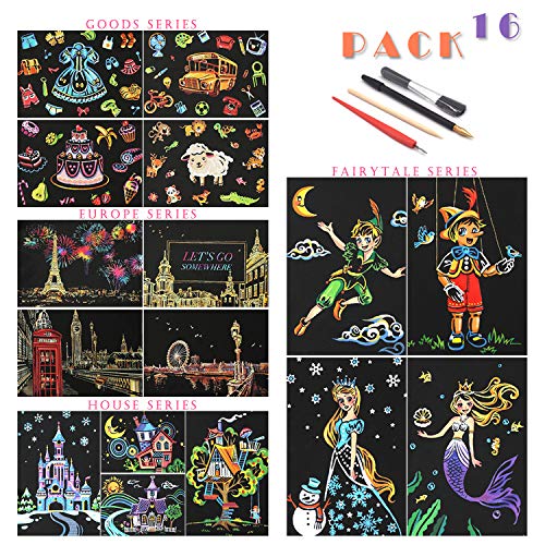 SiYear Cartoline Scratch Rainbow Sketch Postcard, Scratch Painting Graffiti Regalo Creativo per Bambini e Adulti, Mini Buste Postcard Art & Crafts con 4 Strumenti (Confezione da 16)