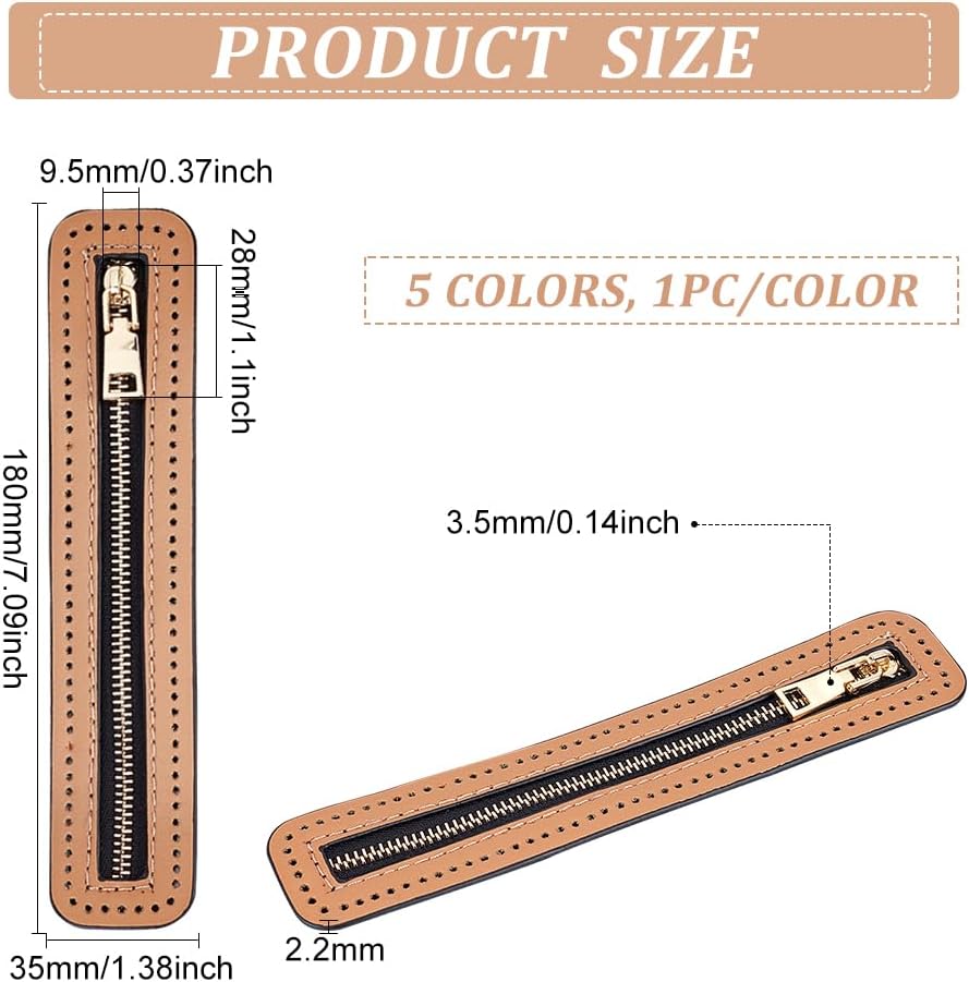 WADORN 5 Colors PU Leather Zipper, 18cm/7 Inch Length Leather Handbag Sewing Zipper Frames with Hole Rectangle Purse Zipper Bulk Fixed Frame for DIY Bag Jeans Shoes Handicraft Clothing Sewing