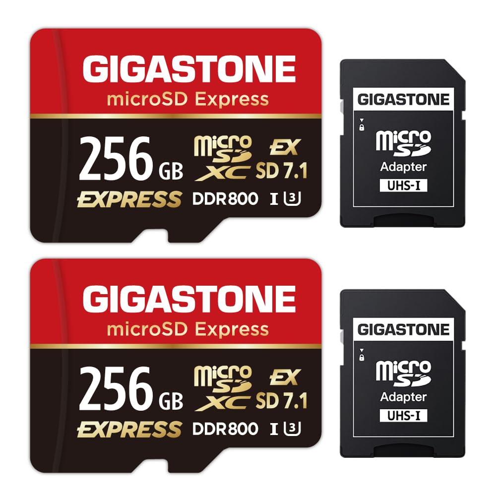 【Diseñada para Switch 2】 GIGASTONE 256GB microSD Express Paquete de 2 R/W 880/650MB/s,Memoria SDXC 2.0 3.0 5.0 7.1 UHS-I UHS-II, Cámara de Acción Dron, V30, Adaptador SD【5 Años Recuperación de Datos】