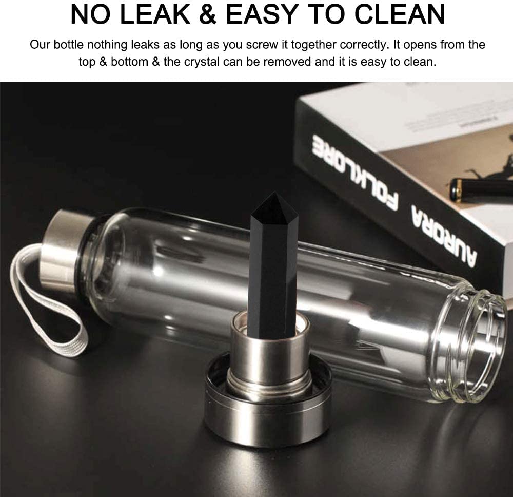 Bouteille d'eau en Cristal, 550ML Pierre Precieuse Naturelle Verre Eau Bouteille Amovible, Pierres Thérapeutiques pour Bien-être Naturel Guérison, Anti-fuite (Obsidienne+Bouteille)