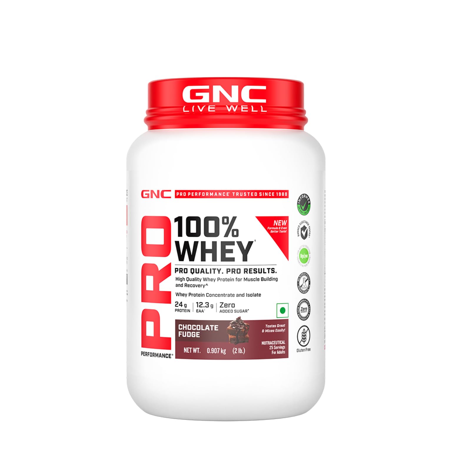 GNC Pro Performance 100% Whey Protein | New Formulation | 24g Protein, 5.7g BCAAs, 12.3g EAAs | Added DigeZyme® | Whey Isolate & Concentrate Blend, Low Carb (4.51g), No Added Sugar |Chocolate Fudge ,907g — Amazon image 2
