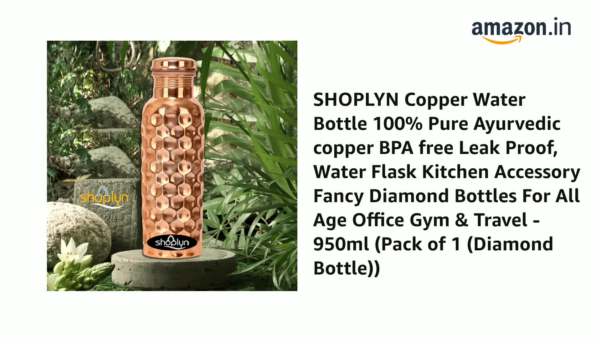 SHOPLYN Diamond Pattern Copper Water Bottle - 100% Pure Ayurvedic Copper, BPA Free, Leak Proof - View #6