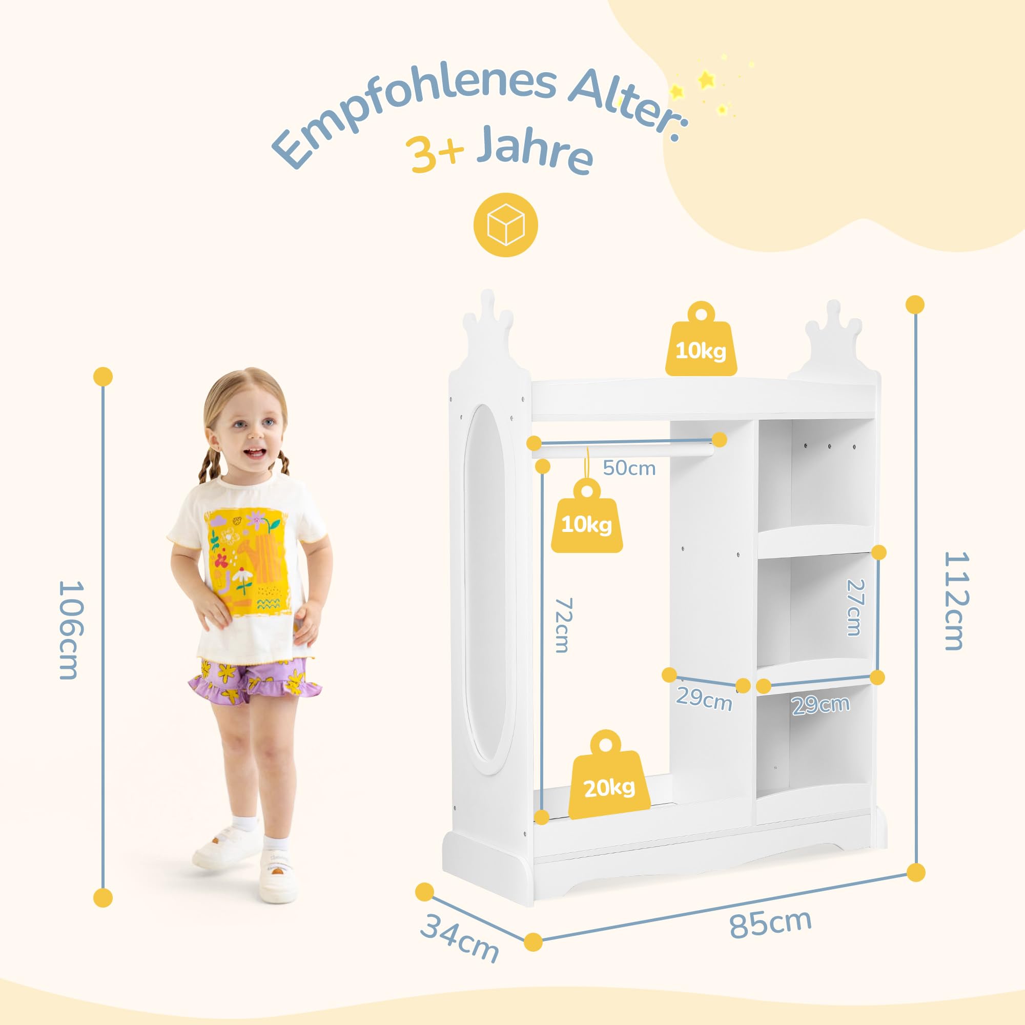 LUE BONA Kindergarderobe,Kinderkleiderschrank mit Spiegel und Kleiderstange,Kindergarderobe mit 3 Haken und 3 offener Ablagen,Kinder Kleiderschrank aus Holz für Kinderzimmer,85 x 34 x 112 cm,Weiß