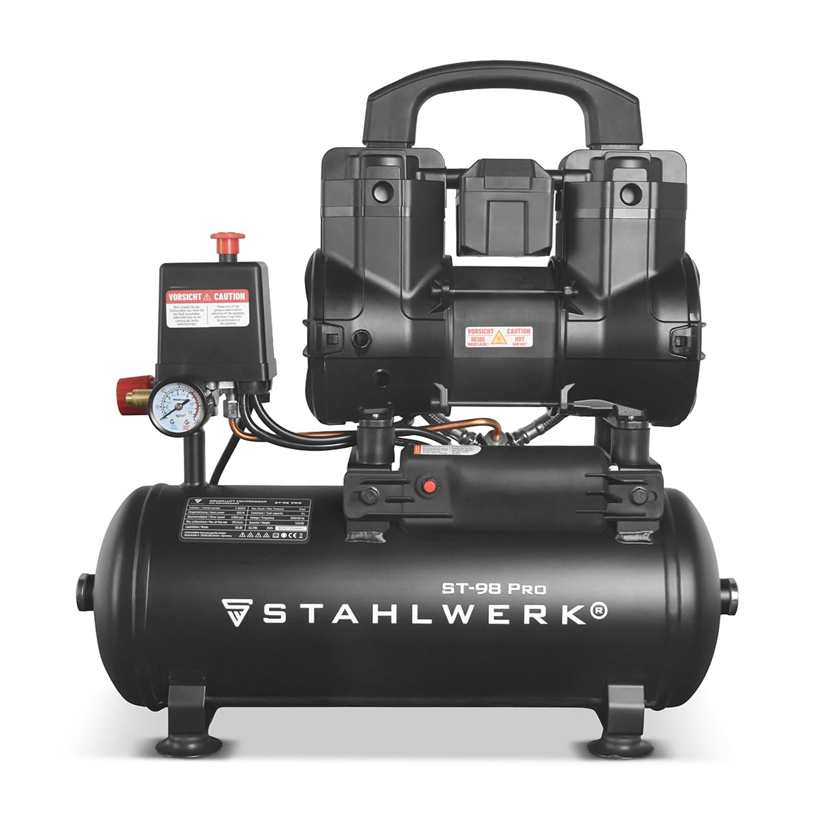 STAHLWERK Kompressor mit 9 L Tank (ST-98 Pro) – ölfrei & leise, 8 bar, 1,22 PS (0,9 kW), 170 l/min, 65 dB, Druckluftkompressor mit Brushless-Motoren, Silent-/Flüsterkompressor, Kolbenkompressor