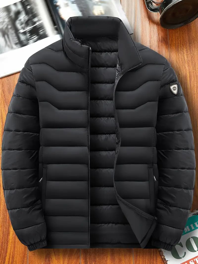Men's Winter Puffer Jacket Waterproof Synthetic Down Coat Stand Collar Zip Front Casual Outdoor Style Water Resistant