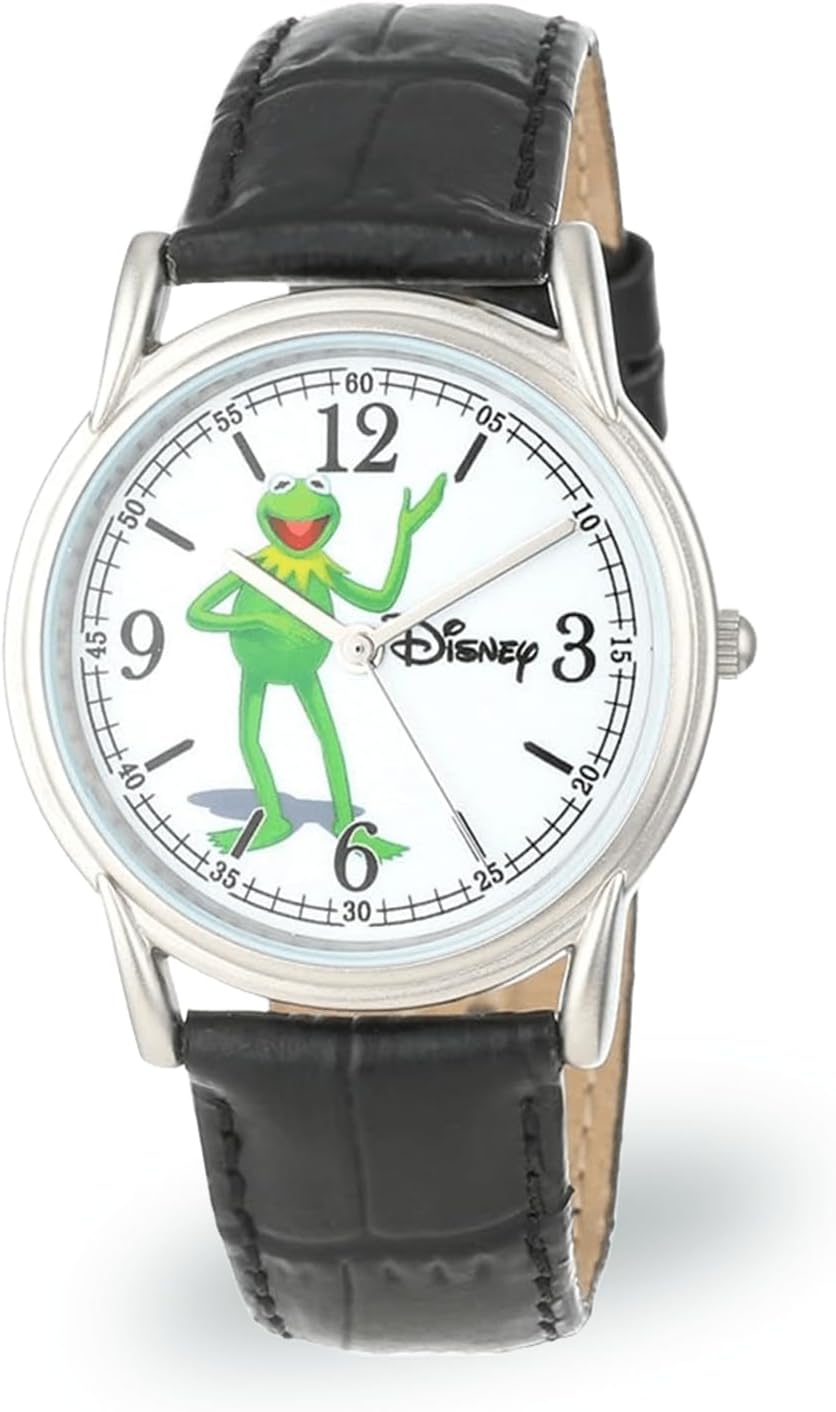 Disney Muppets Kermit Watch for Men – Classic Character Watch Featuring Kermit The Frog Dial – Great Gift for Muppets Fans and Collectors – Silver Case with White Dial and Black Cardiff Leather Strap
