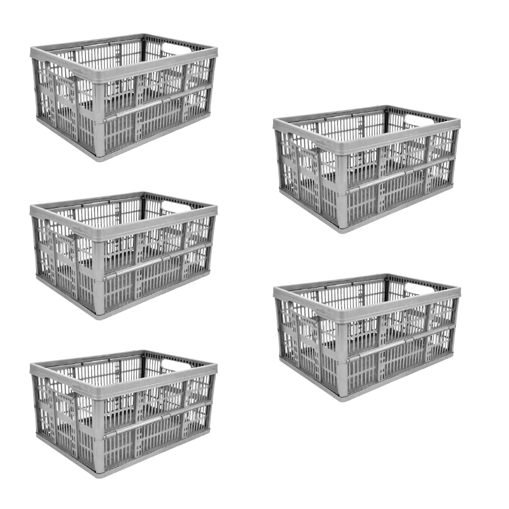Monal Grey Homion 32L Foldable Plastic Storage Crate – Collapsible Stackable Basket With Handles For Home, Garage & Car Boot – – Pack Size Selection (5)