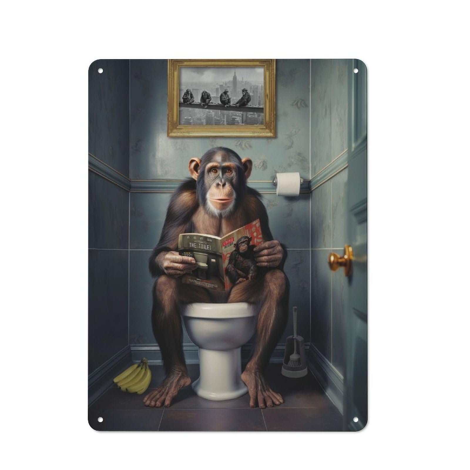 Vintage Monkey on The Toilet Decorative Metal Plaque 40x30cm, Garden Room Wall Plaque for Shed, Garden Room, Porch Or Garage