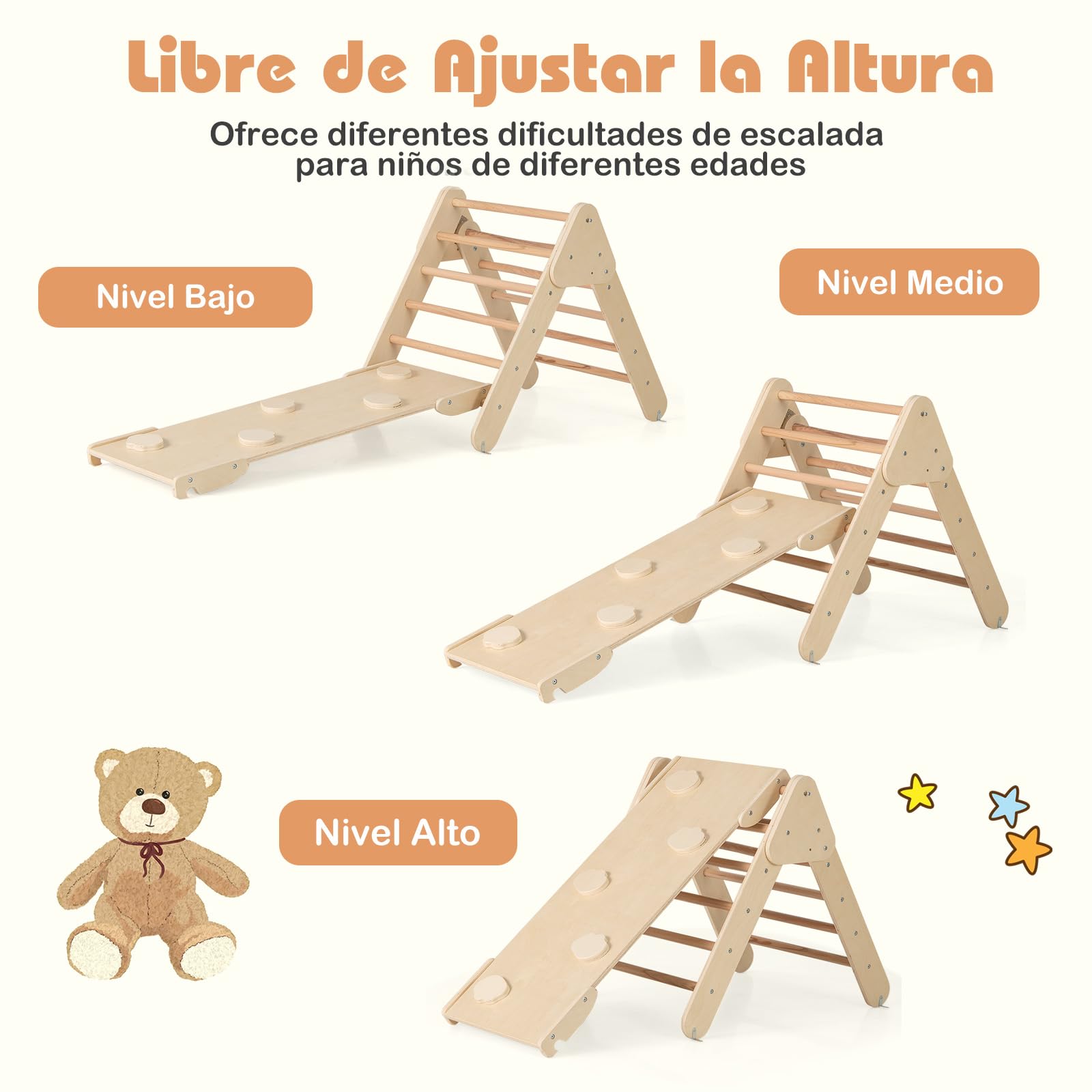 GOPLUS 7 en 1 Triángulo de Escalada para Niños de 1 Año, Montessori Escalador con Tobogán Rampa Arco, Juguetes de Escalada de Madera, Slide Aprendizaje para Guardería Casa, Carga 50 kg (Natural)