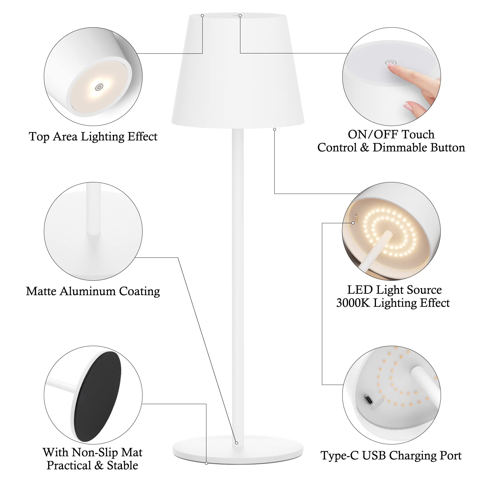 Klighten LED Dimmbare Akku Tischleuchte Weiß, Kabellose Wiederaufladbar Tischlampe Für Innen und Aussen mit USB-C, Warme Lichtfarbe 3000K, Aluminium, IP54 Wasserdichte