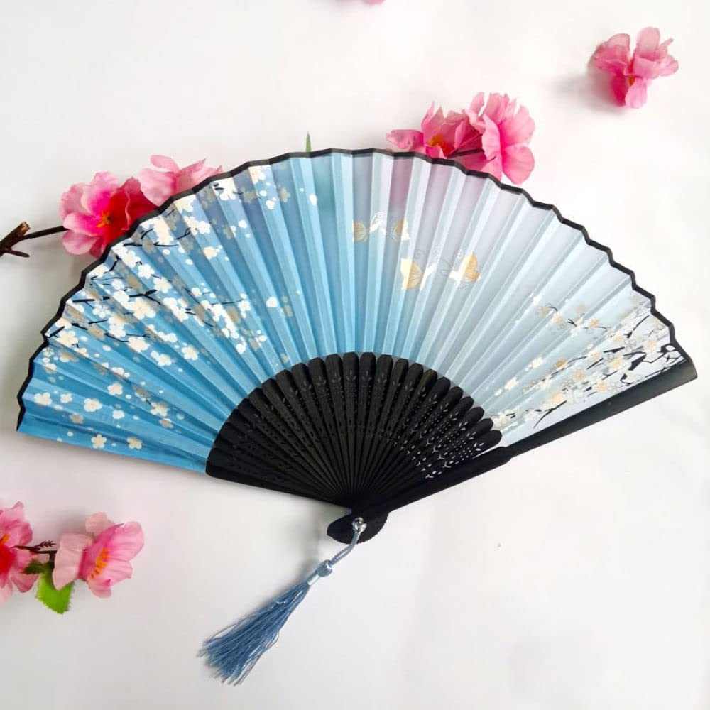 NZPOST Hand Fans For Women Foldable, 2Pcs Handheld Hand Fans Exquisite Butterfly Cherry Blossoms Silk Folding Fan With Tassel Blue Large Japanese Bamboo Fans