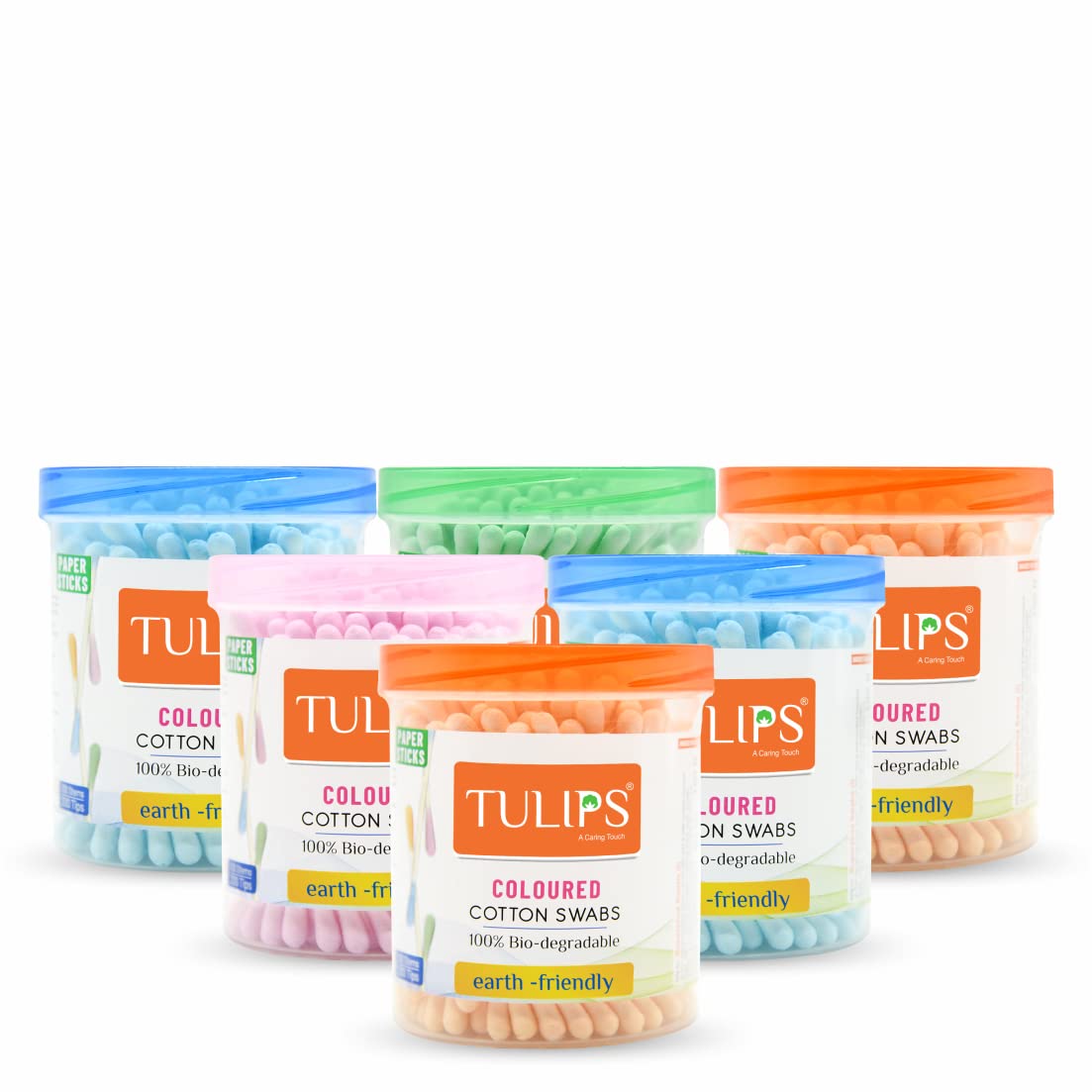 TULIPS Cotton Ear Buds/Swabs Pack of 6 (Multicolor) made of White PAPER Stick (100/200 Tips) in a Jar