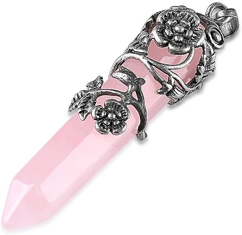 Miniatura 5 de Top Plaza - Collar de cristal curativo de cuarzo rosa natural envuelto con flor de plata envejecida