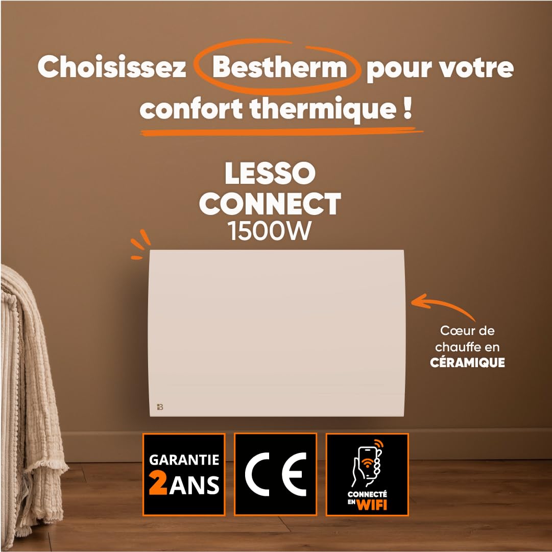 BESTHERM - Elektryczny grzejnik elektryczny podłączony WIFI z ceramiczną suchą bezwładnością 1500W Bestherm LESSO CONNECT poziomy biały