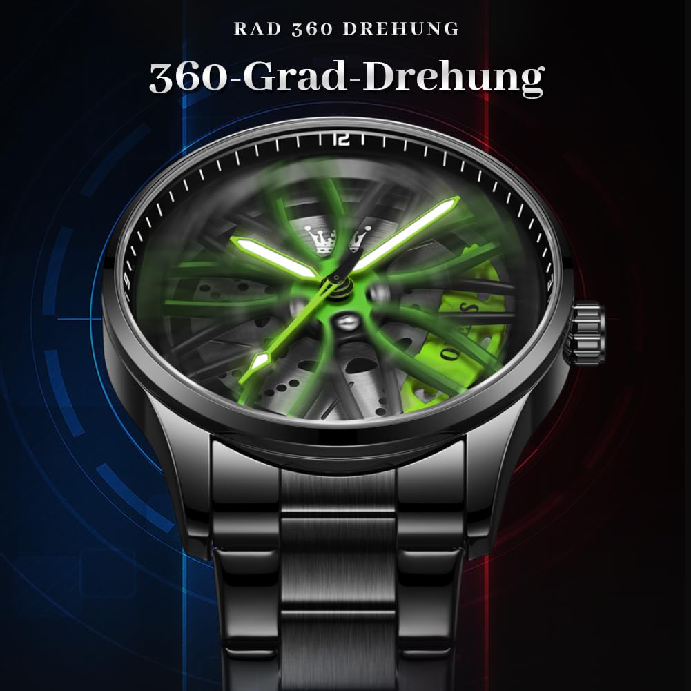 OLEVS Herrenuhren Drehende Auto-Rad Quarzuhren Modischer Sport Edelstahl Herrenarmbanduhr Leuchtend Wasserdicht für Männer