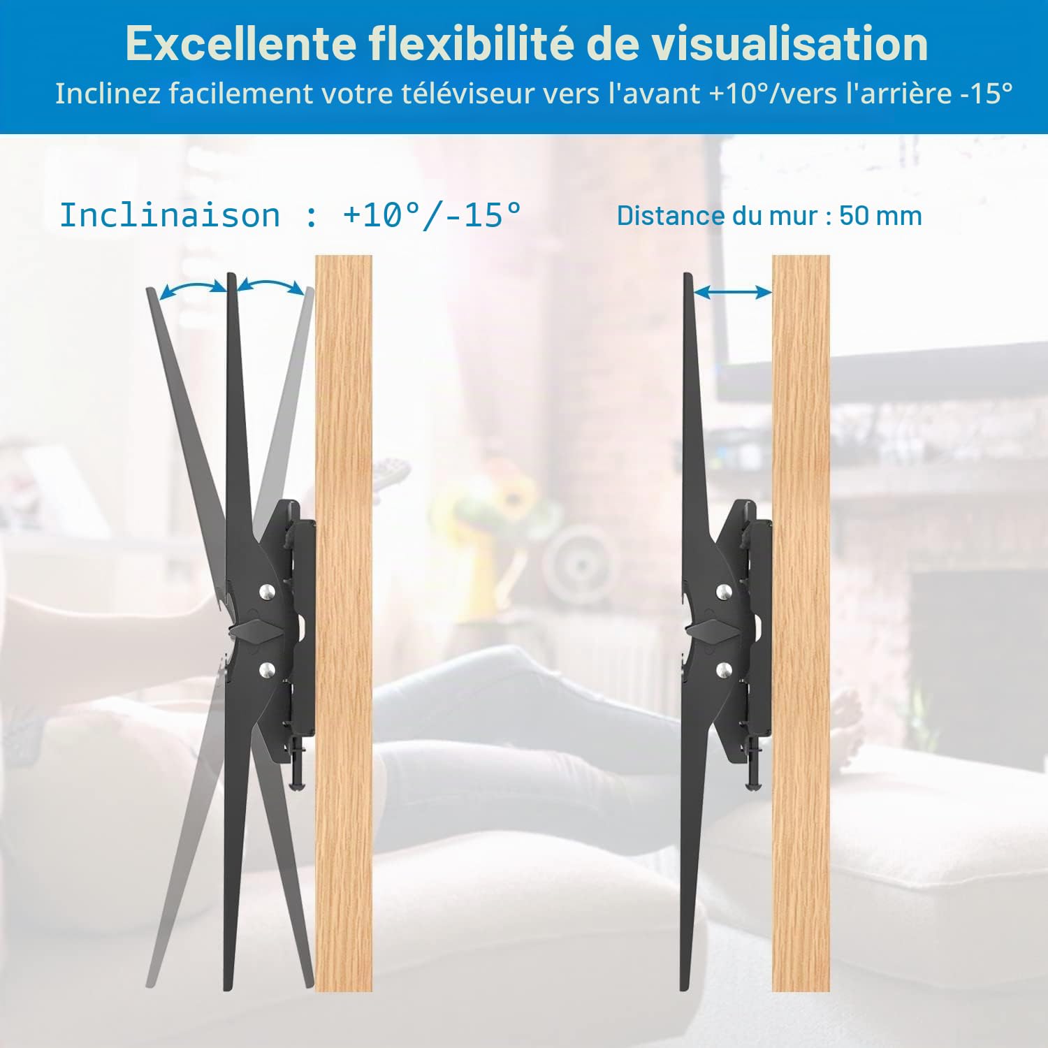 PERLESMITH Support Mural TV avec Inclinaison sans Outil pour la Plupart des Téléviseurs Plats & Incurvés LCD, OLED de 26-65 Pouces, Support TV Inclinable avec Max VESA 400x400mm, Capacité Max de 60 kg