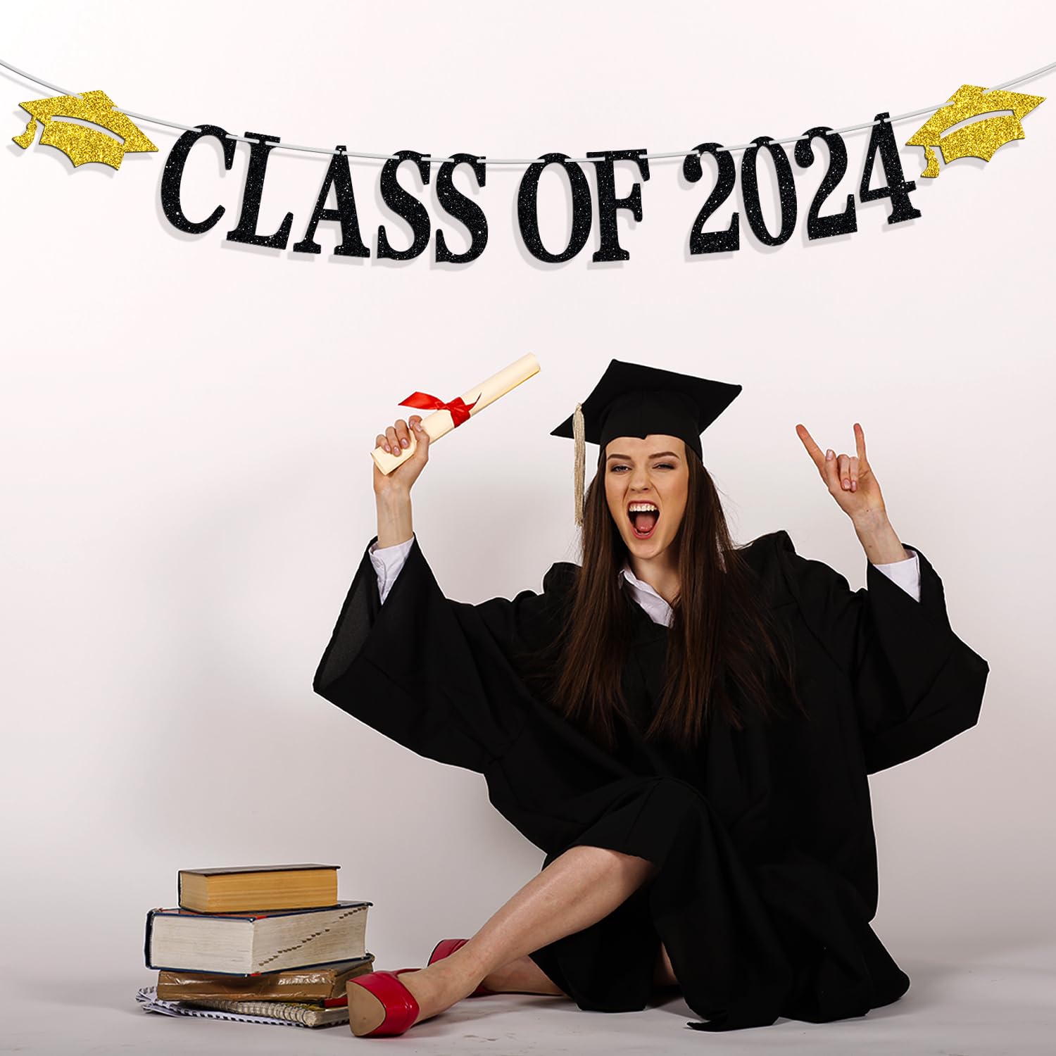 Miss Onederful Congrats Class Of 2024 Banner - Black & Green Glitter Graduation Party Decor - View #9