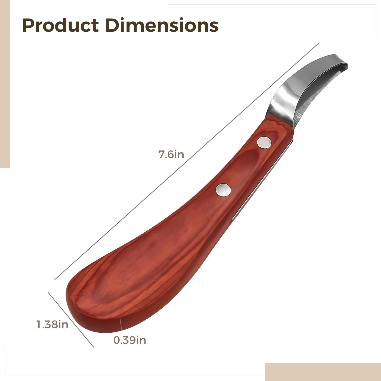 Hufmesser für Pferde, zweischneidiger Hufschneider aus Edelstahl mit gebogener Klinge, ergonomischem Holzgriff, scharf und korrosionsbeständig, für Pferde, Ziegen und Schafe
