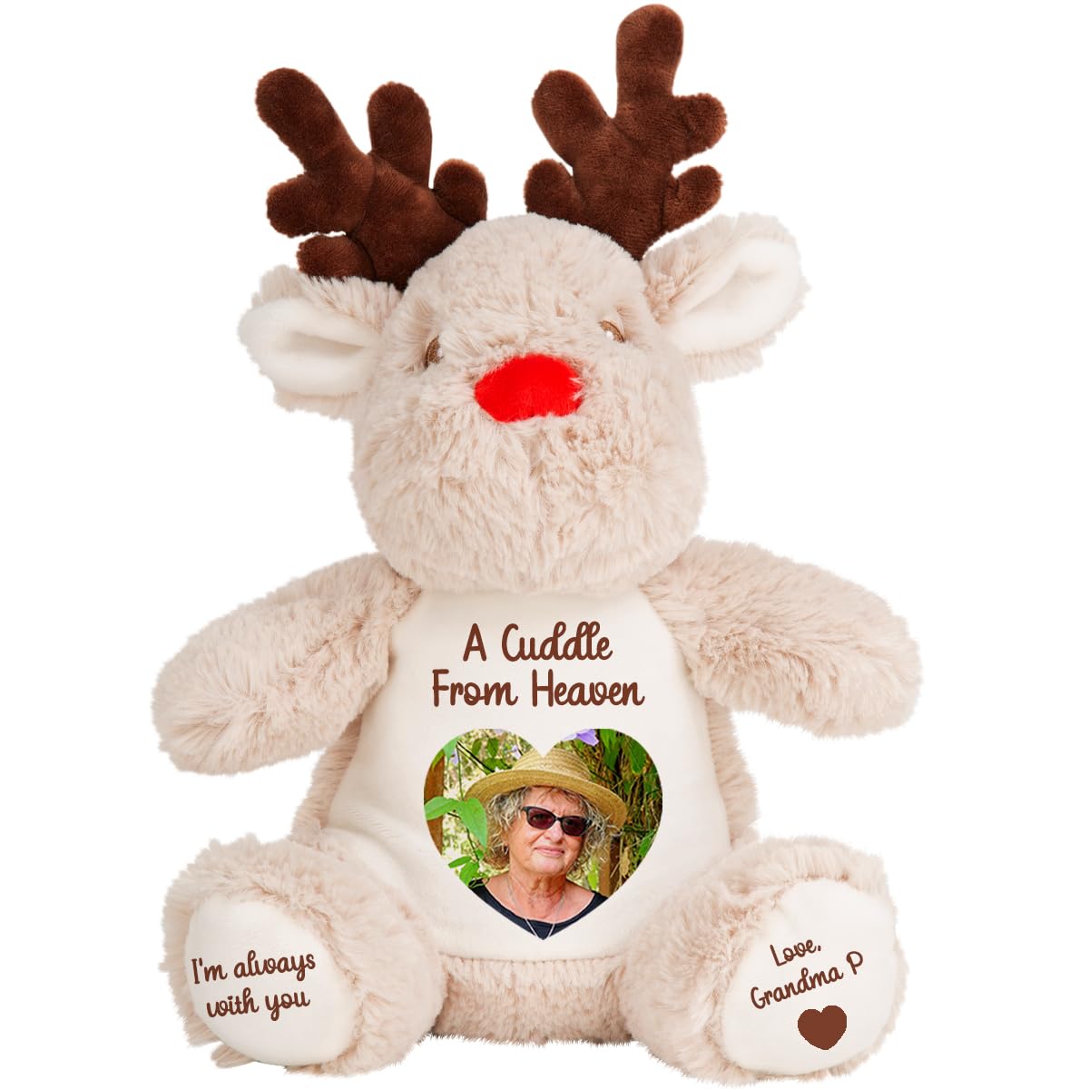 Personalised Memory Teddy Bear with Heart-Shaped Photo – “A Cuddle From Heaven” Keepsake Gift – 28 Bear Styles – Add Your Text & Choose Colour – Custom Memorial Bear (Brown Reindeer)