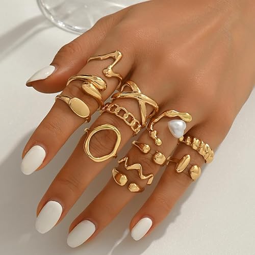 Miniatura 3 de Juego de anillos abiertos irregulares dorados para mujer, 12 anillos de metal fundido ajustables, juego de joyas apilables artísticas vintage Y2K