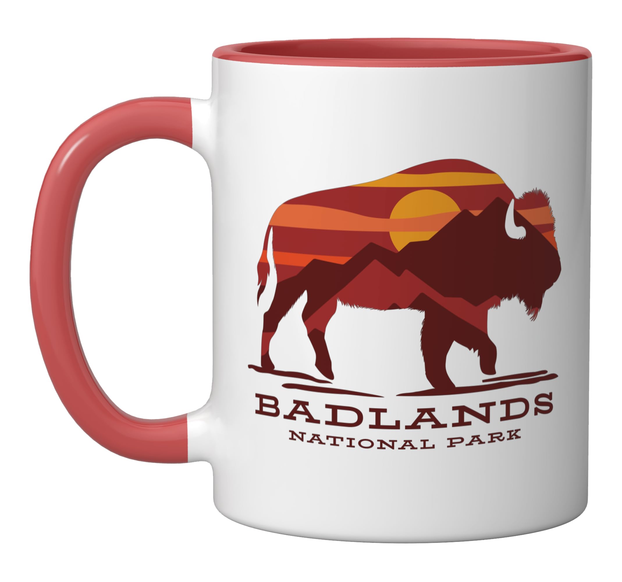 Badlands National Park South Dakota Buffalo Bison Sunset Ceramic Mug, Red/White