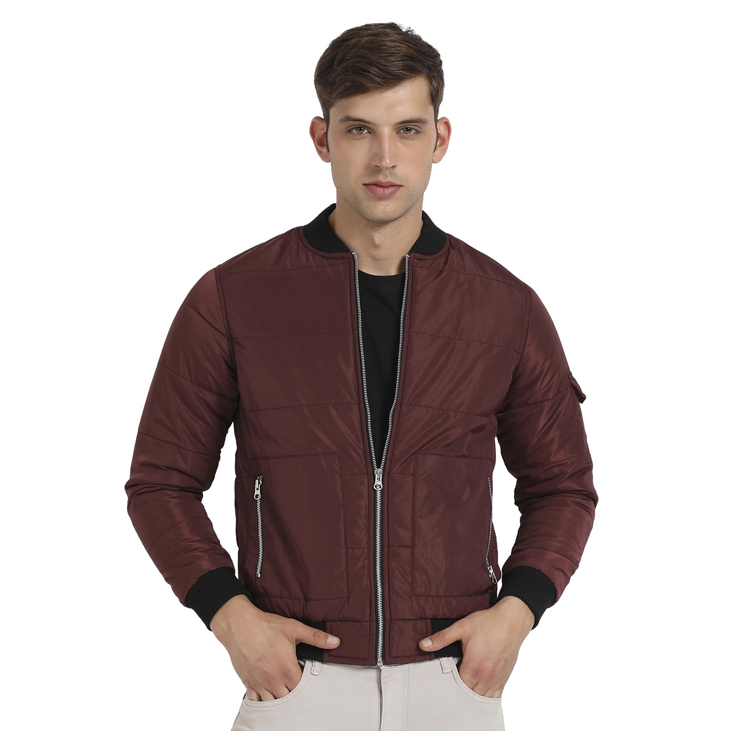 Men's Standard Length Puffer Jacket With Contrast Hem For Casual Wear | Low-High Neck | Long Sleeve | Zipper Closure | Polyester Jacket Crafted With Comfort Fit For Regular Wear-image-34