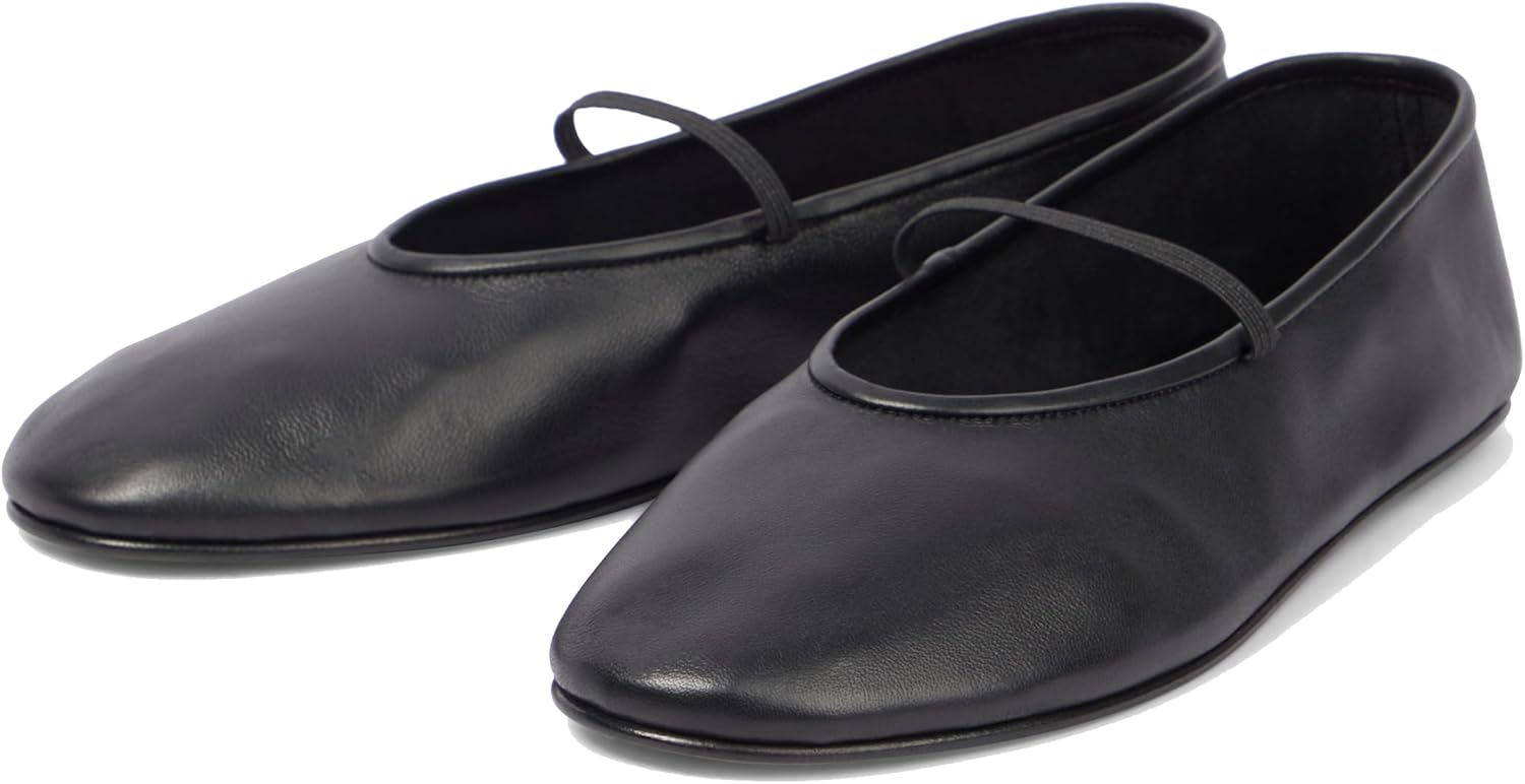 Women's Elastic Leather Ballet Flats Round-Toe Slim Strap Ballerina Shoes Comfortable Mary Jane Flat Shoe
