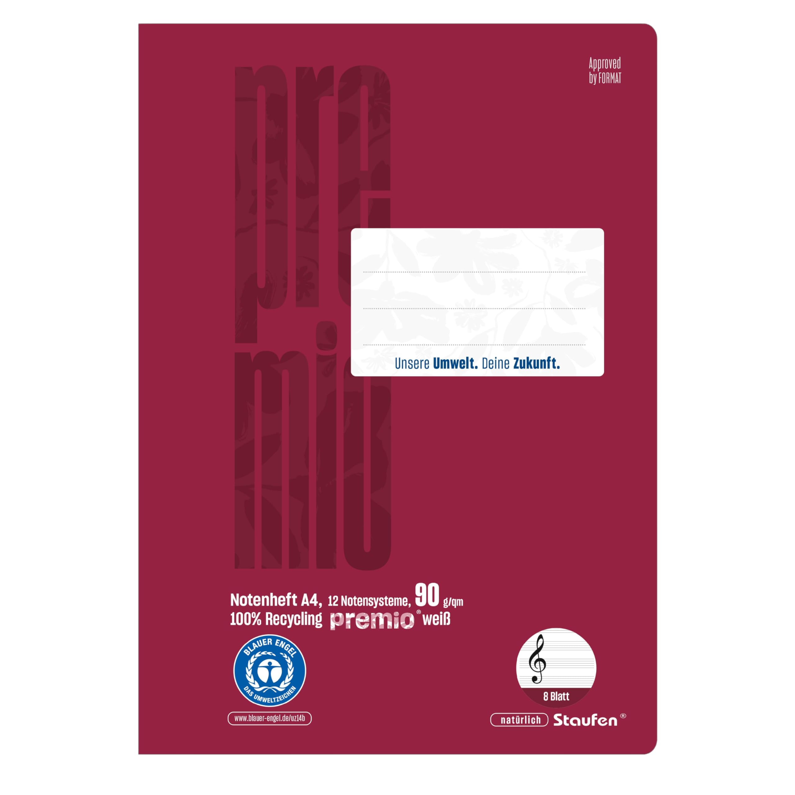 Staufen Green Sheet Music Book - DIN A4, 12 Note System, 8 Sheets, Premium White 90 g/m² Recycled Paper, Round Corners Prevent Donkey Ears, Pack of 5