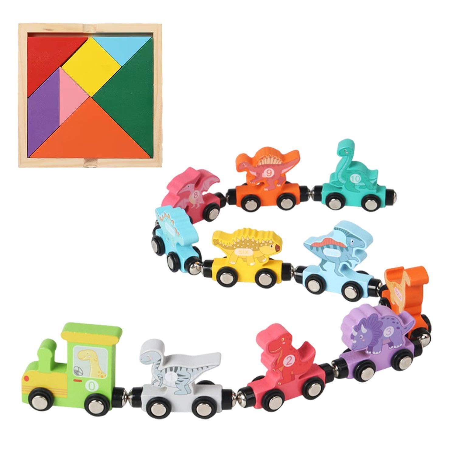 OODJVN 11 Pieces Of Dinosaur Magnetic Train Building Blocks And 1 Set Of Tangram, Early Childhood Education Toys