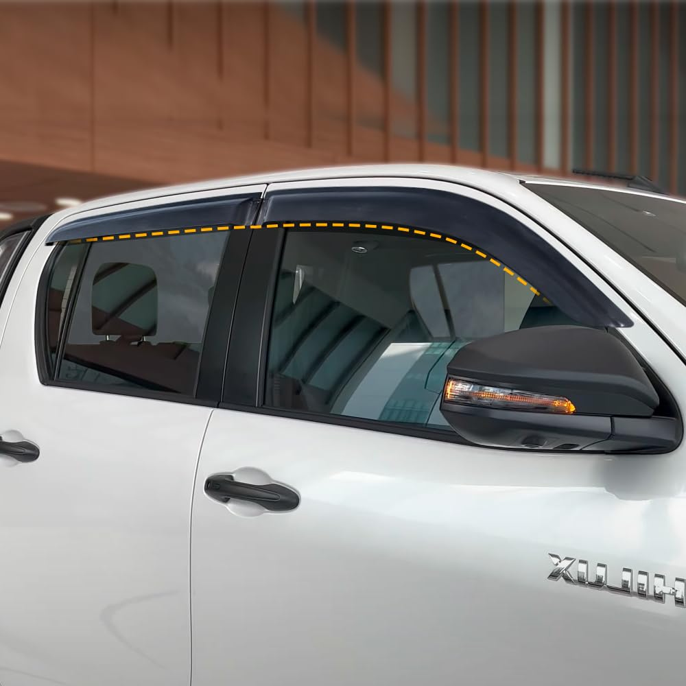 Déflectores de Viento Adhesivos para Toyota Hilux (2016-2026) Double Cab Derivabrisas de Ventana en PMMA Negro Ahumado, Visera Anti-Reflejo y Protección Pluvia (GX, VX, VXL, Invincible, GR Sport)