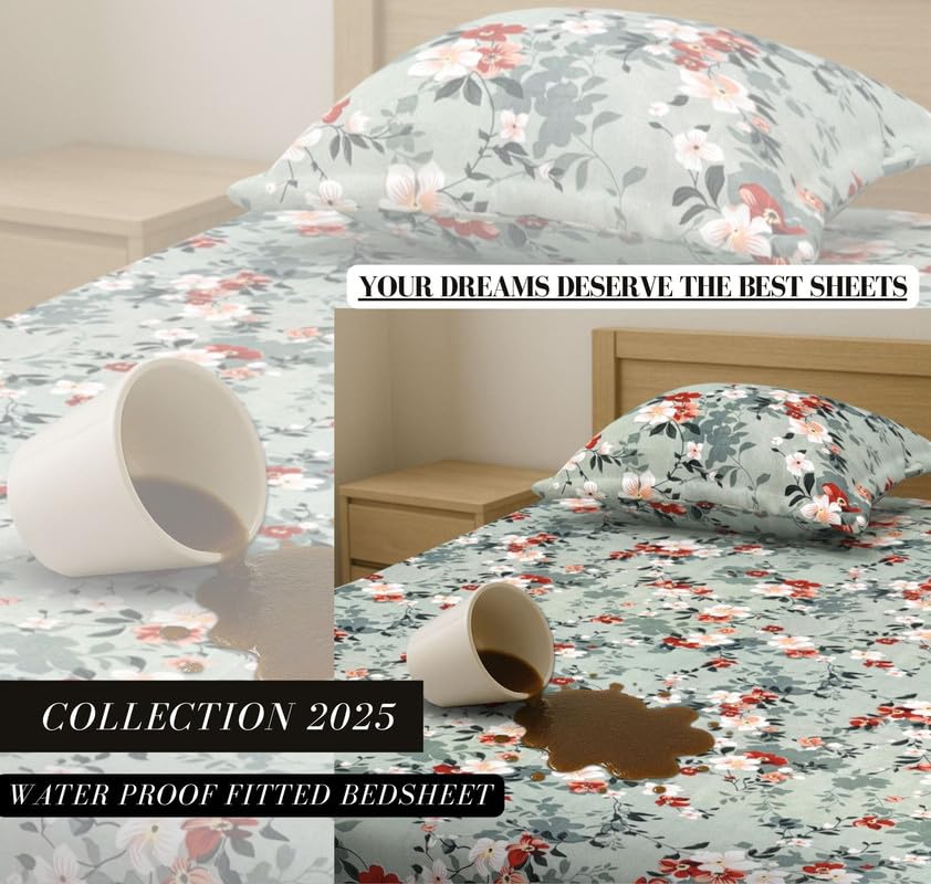 Image of HOMEKART Waterproof Fitted Bedsheet for King Size 78x72+10 inch | Leakproof, Noiseless, Skin-Friendly | Elastic Bed Sheet with 2 Pillow Covers | Dustproof & Breathable -Grey & White