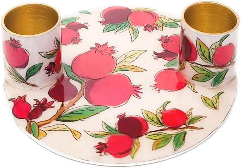 Yair Emanuel Flat Plate Candle Holders for Shabbat 4 Inch Vibrant Pattern Design Modern Judaica Gift (CSE-1 Pomegranates)