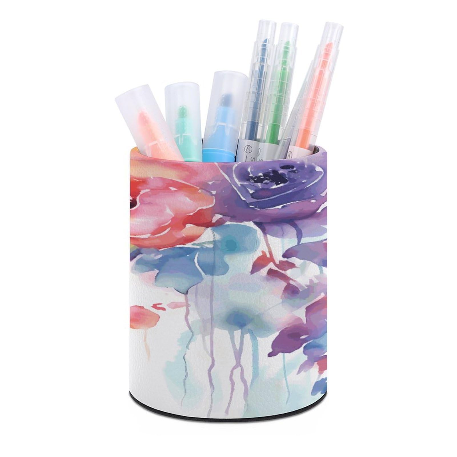 MUSM Watercolor Floral Pen Holder Round PU Leather Pencil Cup Waterproof Pencil Holder for Desk Pen Cup Pen Organizer Pencil Organizer Makeup Brush Holders for Home Office Decor