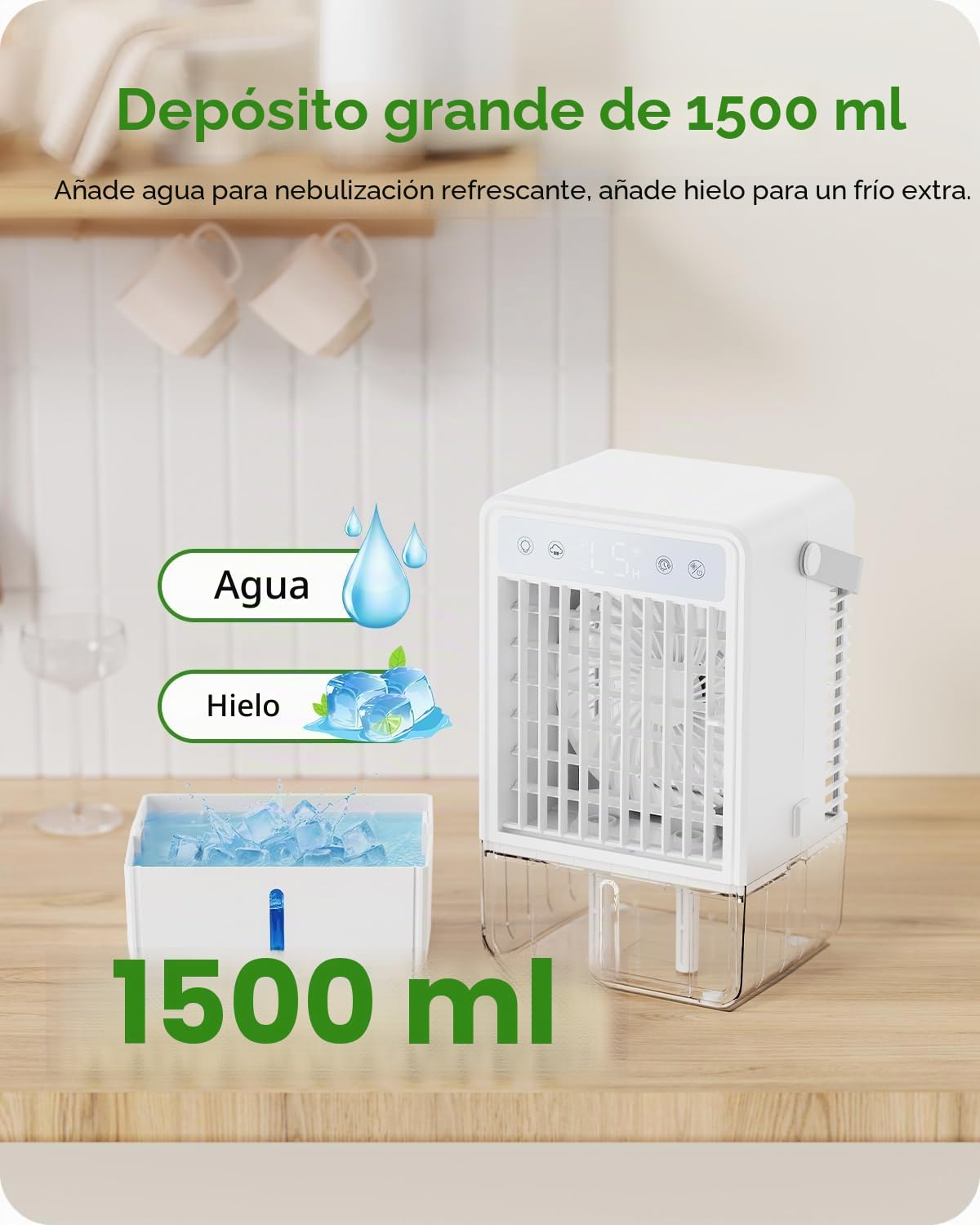 Mini Aire Acondicionado Portatil con 1.5L | Enfriador de Aire con 5 Velocidades + 3 Modos de Neblina | Temporizador 10H | Mando a Distancia y Luz RGB - para Dormitorios, Oficinas y Espacios Reducidos