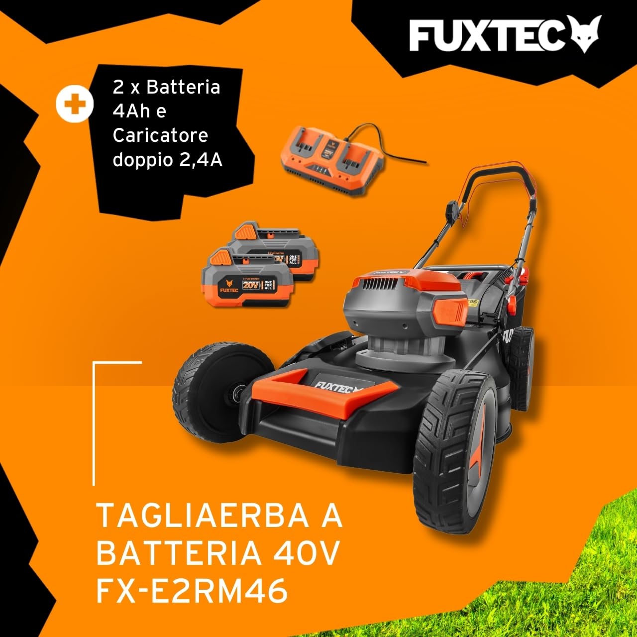 FUXTEC Tagliaerba a batteria 40V (2x20V) E2RM46 semovente, Mulching e Scarico Laterale - Set Batterie 2x4Ah e Caricabatterie - Larghezza di Taglio 46cm, 50L, Altezza di Taglio 25-75mm