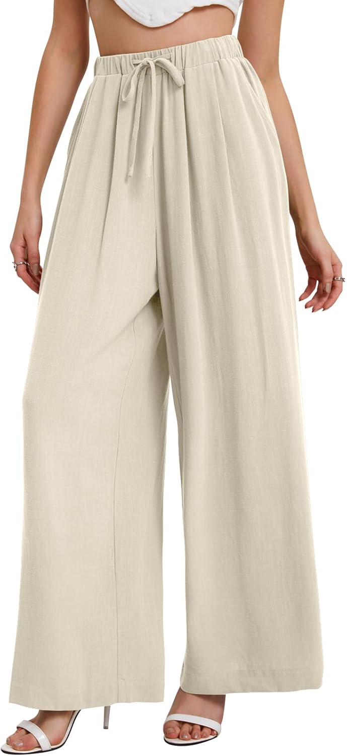 Bloggerlove Linen Palazzo Pants for Women Dressy Summer Wide Leg Flowy Pants Boho Linen Beach Trousers with Pockets - Image 4