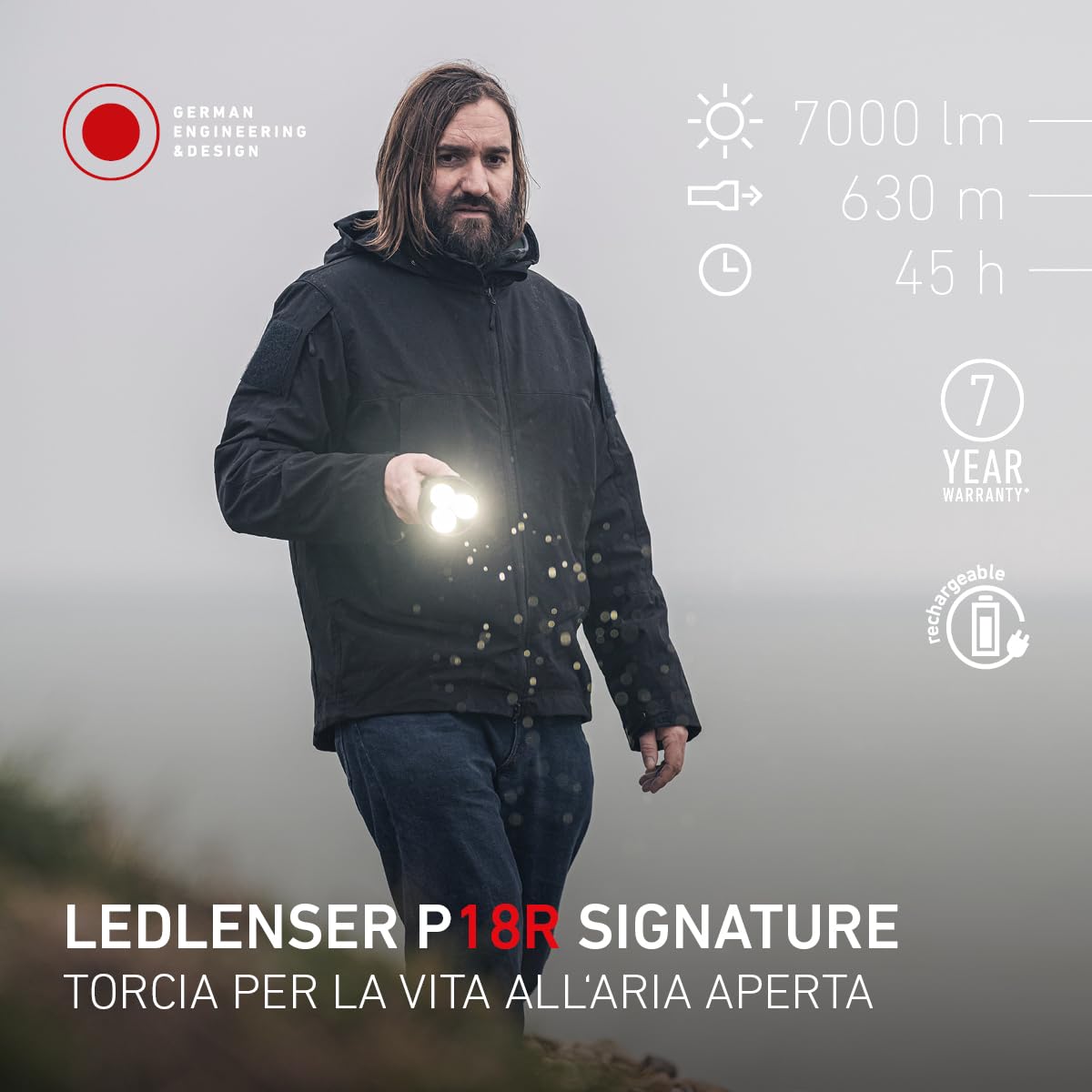 Ledlenser P18R Signature Torcia Ricaricabile, 7000lm, 640m, IP68, USB-C | Messa a fuoco regolabile, 8 modalità incl. Strobo, IP54, 651g, valigetta inclusa, ideale per campeggio ed escursioni