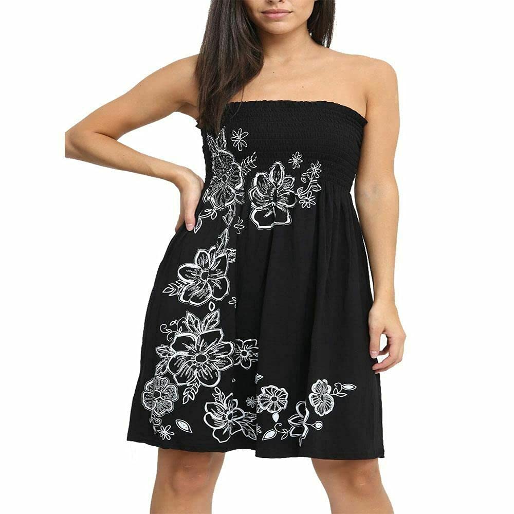 Women’s Strapless Printed Bandeau Top Sheering Ruched Boob Tube Vest Sleeveless Gathered Mini Dress Summer Beachwear - Black - UK 12-14