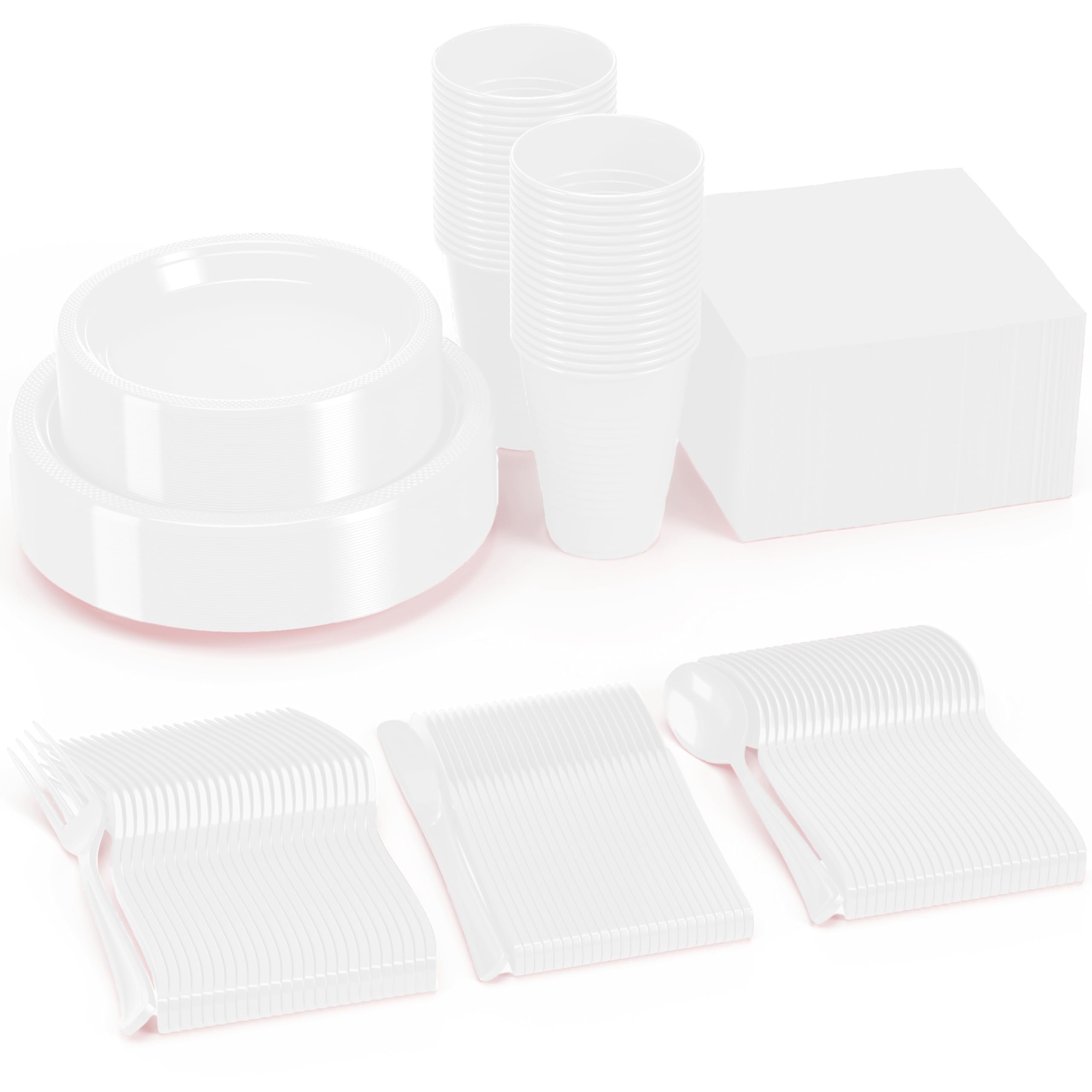 Exquisite 182 Pieces White Plastic Plates For Party, White Disposable Plates Set, 26 Of Each 9" Dinner Plate Set, 7" Dessert Plate, Cups, Napkins &
