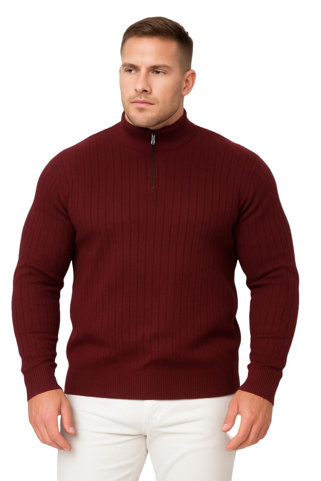 Mens Plus Size High Neck Zipper Ribbed Sweater Winter Wear Pullover Wool Blend Knitwear-image-34