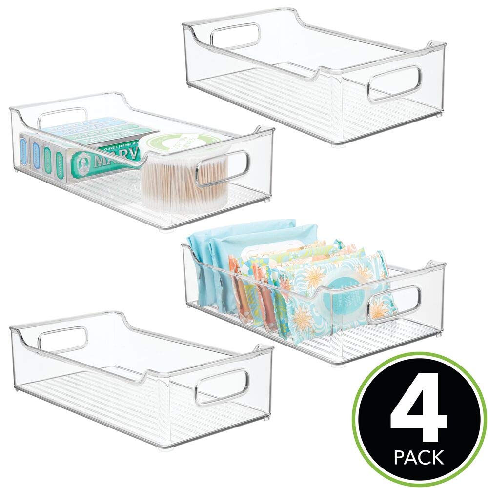 mDesign 4er-Set Ablagebox mit integrierten Griffen – transparente Aufbewahrungsbox mit ansprechendem Design – ideal zur Kosmetikaufbewahrung im Bad – durchsichtig