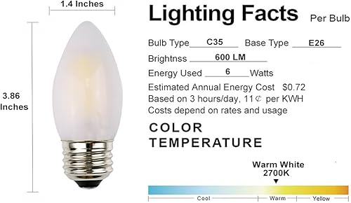 Miniatura 8 de Bombilla LED C35 para candelabro, 2 W regulable, equivalente a incandescente de 25 W, luz blanca cálida de alto CRI, carcasa de vidrio esmerilado,