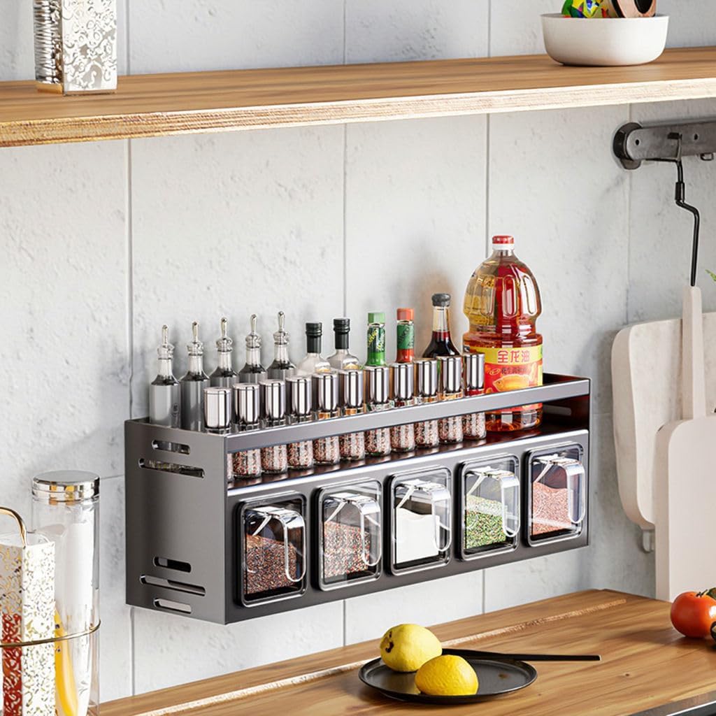 KANVIPRIYA No Drill Metal Double Tier Modern Kitchen Spice Rack Multifunctional Wall Mounted Home Use Seasoning Storage Box (Small) 1