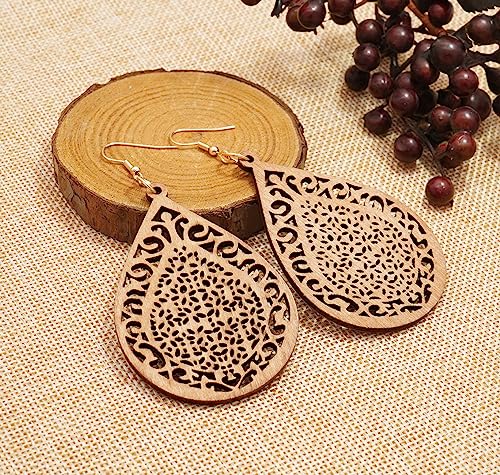Wood Earrings for Women Natural Wooden Drop Dangle Earring 2 Pairs Lightweight Waterdrop Earring Set4