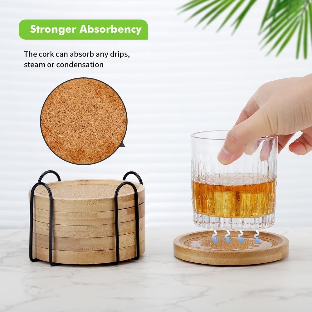 Bamboo Cork Coasters for Drinks Absorbent with Holder Set of 6, Bamboo Coasters for Drinks Coaster Sets Rustic Farmhouse for Coffee Table Dining Table Set of 6 4.33in - Image 4