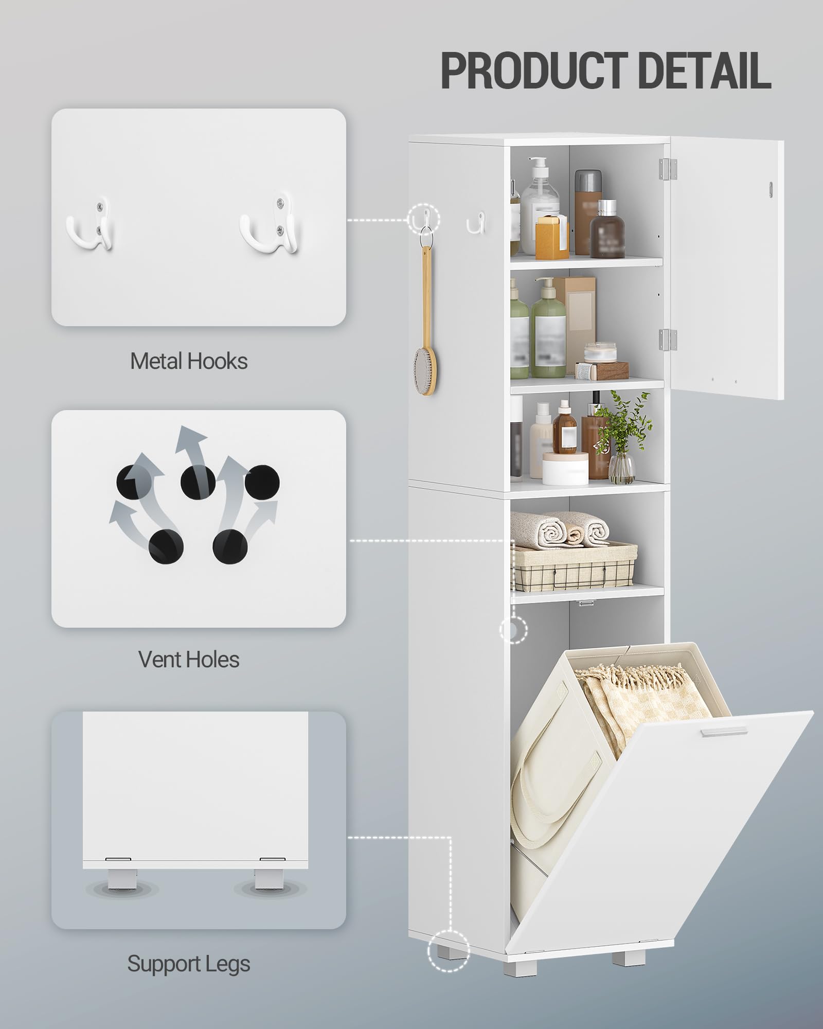 Hzuaneri Colonna Bagno, Mobile Bagno Salvaspazio, Armadio Alto per Immagazzinaggio con Cesto per Abiti Sporchi, Ripiano Regolabile, Adatto per Bagno e Lavanderia, 40 x 40 x 170 cm, Bianco BC72003X