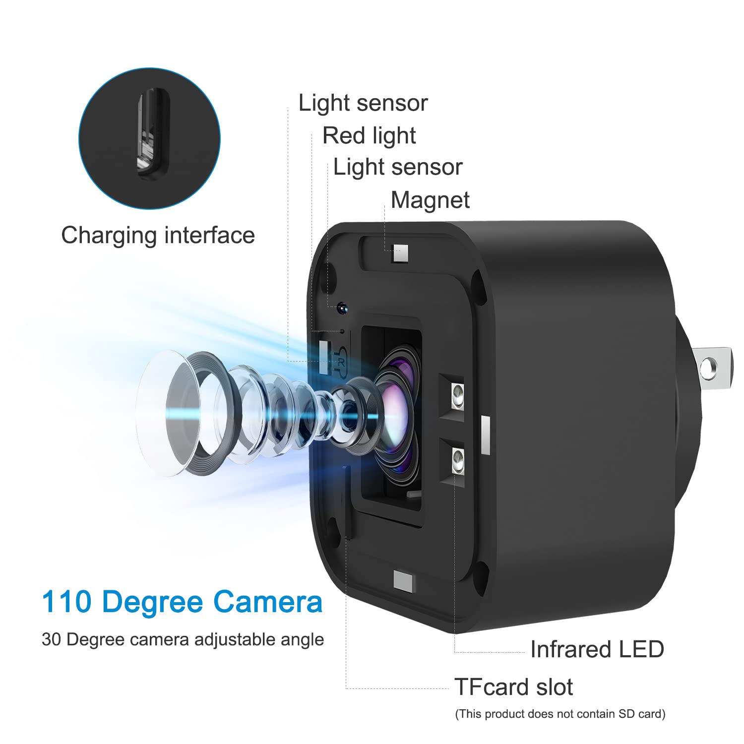 Cargador de cámara espía de niñera de 1080P compatible con WiFi de 2.4 G, mini cargador de cámara oculta con detección de movimiento, versión nocturna, cámaras ocultas de niñera, cámara de