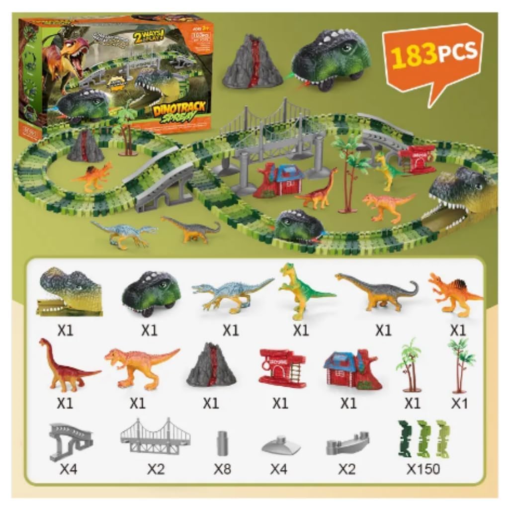 Black Foru 183 Pcs Dinosaur Race Toys Set with Flexible Train Tracks, 2 Dinosaurs, 1 Light Dino Car, Kids Toddlers Race Car Toys for 3 4 5 6 7 8 Year Old Boys Girls Christmas Birthday Gifts 4